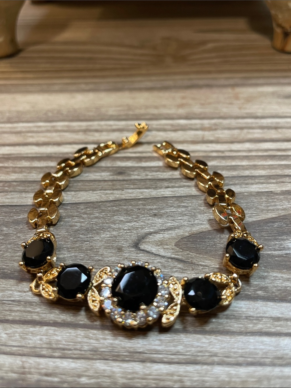 Gold-Tone Bracelet with Black Glass Gemstones and Clear Accents - Picture 5 of 5